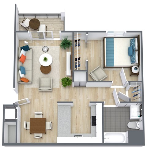 Floor plan for 1 bed, 1 bath, 760 sqft
